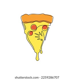 Einzel-Linie Zeichnung frische Pizza mit Tomate, Käse, Olivenöl, Wurst, Zwiebel, Basilikum. Traditionelles italienisches Fastfood. Menü mit Draufsicht. Europäischer Imbiss. Modern robuster Strich-Strich-Strich-Strich-Vektorgrafik