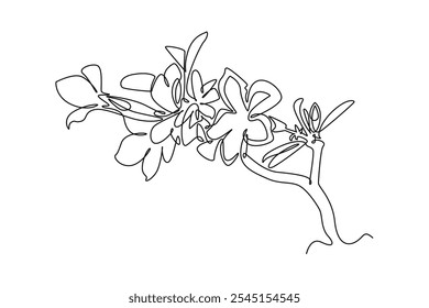 Single one line drawing fresh beauty potted adenium for garden logo. Printable poster decorative desert rose flower concept for wall home decor. Continuous line draw design graphic vector illustration