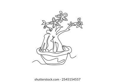 Single one line drawing of fresh beauty potted adenium for garden logo. Printable poster decorative desert rose flower concept park home wall decor. Continuous line design graphic vector illustration