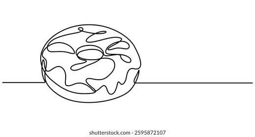 Single one line drawing fresh donuts. World food day concept. Continuous line draw design graphic vector illustration, Abstract dessert sweet donut with frosting, donut icon logo. Sweet sugar icing. 