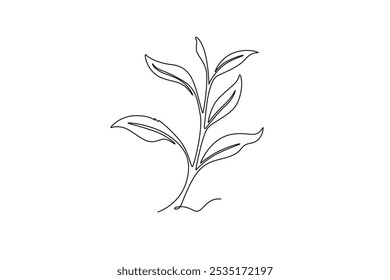 Single one line drawing freshness tropical tea leaves plant. Printable poster decorative houseplant concept for home wall decor ornament. Modern continuous line draw design graphic vector illustration