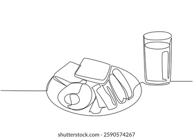 Single one line drawing fried egg with sausage, sliced ​​meat and bread slices plus orange juice. Sufficient intake for busy people. Brunch for Lunch Day. Continuous line design graphic illustration