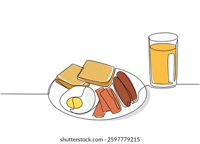 Single one line drawing fried egg with sausage, sliced ​​meat and bread slices plus orange juice. Sufficient intake for busy people. Brunch for Lunch Day. Continuous line design graphic illustration