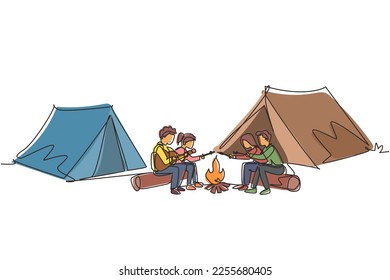 Single one line drawing friends sit on logs by campfire. Young tourists, campers in forest. Students playing guitar, roast marshmallows. Night camping entertainment. Continuous line draw design vector