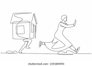 Single one line drawing fright Arab businesswoman being chased by house. Female employee afraid with increasing housing loan. Minimal metaphor. Continuous line draw design graphic vector illustration