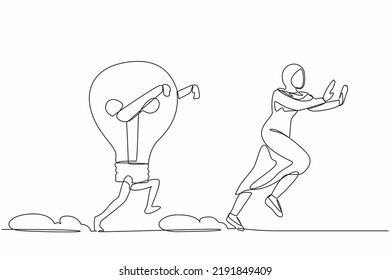 Single one line drawing fright Arab businesswoman being chased by light bulb. Female worker afraid with innovation business idea. Minimal metaphor. Continuous line design graphic vector illustration