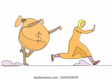 Single one line drawing fright Arab businesswoman being chased by money bag. Female worker hurry in achieving wealth goals. Minimal metaphor concept. Continuous line design graphic vector illustration