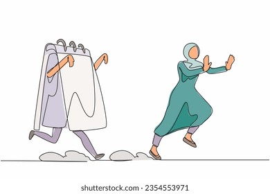 Single one line drawing fright Arab businesswoman being chased by calendar. Female employee afraid with project schedule deadline. Minimal metaphor. Continuous line design graphic vector illustration