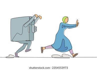 Single one line drawing fright Arab businesswoman being chased by safe deposit box. Manager afraid with financial secure system, banking protection. Continuous line design vector graphic illustration