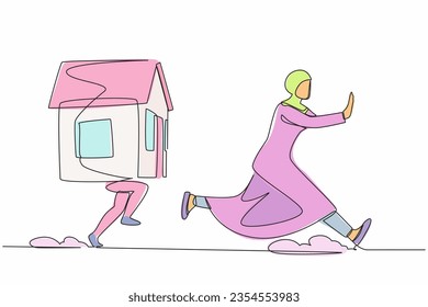 Single one line drawing fright Arab businesswoman being chased by house. Female employee afraid with increasing housing loan. Minimal metaphor. Continuous line draw design graphic vector illustration