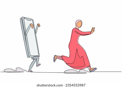 Single one line drawing fright Arabian businesswoman being chased by smartphone. Female employee afraid to talk with boss. Minimal metaphor concept. Continuous line design graphic vector illustration