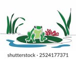 Single one line drawing a frog sitting on a lily pad in a wetland. Ecological balance as well as the beauty of nature. Biodiversity. World Wetlands Day. Continuous line design graphic illustration