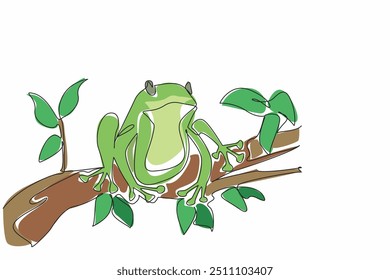 Una sola línea dibujando una rana posada en un tronco de árbol frondoso. Observar y monitorear los movimientos de otros insectos. Modo de caza de alimentos. Día Mundial de la Rana. Ilustración gráfica de diseño de línea continua