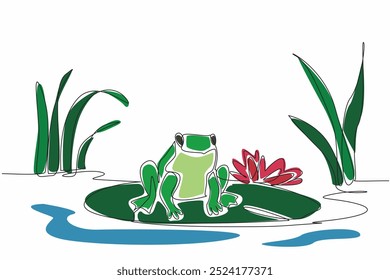 Uma única linha desenhando um sapo sentado em uma almofada de lírio em uma zona úmida. Equilíbrio ecológico e beleza da natureza. Biodiversidade. Dia Mundial das Zonas Úmidas. Ilustração gráfica de design de linha contínua