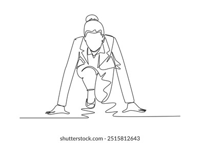 Single one line drawing front view of businesswoman get ready to sprint run on running track. Business race challenge and competition concept. Continuous line draw design graphic vector illustration