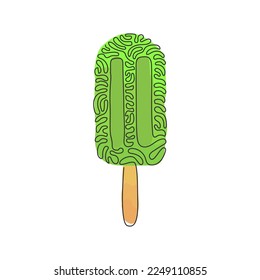 Single one line drawing frozen popsicle on stick. Tasty ice cream for dessert. Takeaway delicious cold summer snack. Swirl curl style. Modern continuous line draw design graphic vector illustration