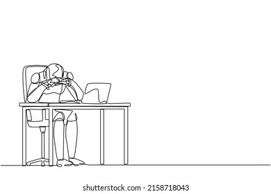 Single one line drawing frustrated robot in doubt with hand on chin gesture. Future technology development. Artificial intelligence machine learning. Continuous line draw design vector illustration