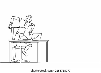 Single one line drawing frustrated robot shouting screen laptop on his working desk. Future technology development. Artificial intelligence machine learning. Continuous line design vector illustration