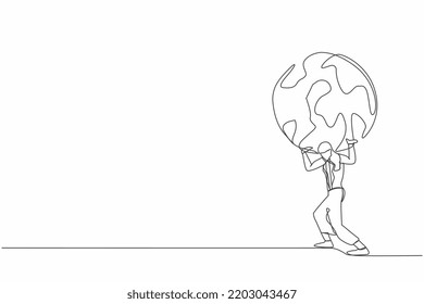 Single one line drawing of frustrated businesswoman carrying globe on her back. Industrial pollution, natural resources, earth exploitation. Economic crisis. Continuous line design vector illustration