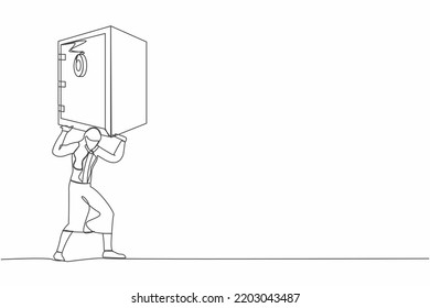 Single one line drawing frustrated businesswoman carrying heavy safe deposit box on her back. Money loss due to pandemic crisis. Debt and bankruptcy. Continuous line graphic design vector illustration