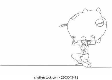 Single one line drawing frustrated businesswoman carrying heavy piggy bank her back  Broke   financial problems concept  Searching money in crisis  Continuous line draw design vector illustration