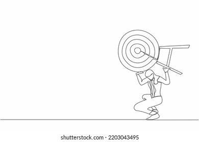 Single one line drawing frustrated businesswoman carrying dart target on her back. Hard work achieve business mission. Exhausted work to achieve goals. Continuous line draw design vector illustration