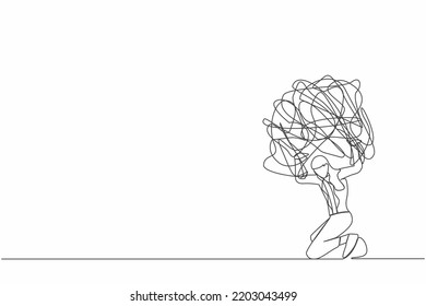 Single One Line Drawing Frustrated Businesswoman Carrying Heavy Messy Line On Her Back. Anxiety From Work Difficulty, Overload, Economic Crisis Problem. Continuous Line Draw Design Vector Illustration