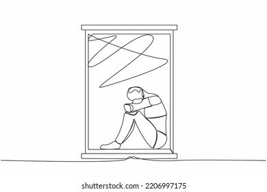 Single one line drawing of frustrated robot sitting on windowsill. Depression, stress, despair, tech problem. Modern robotic artificial intelligence. Continuous line design graphic vector illustration