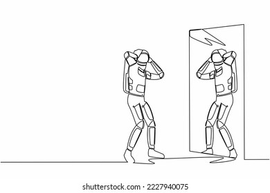 Single one line drawing frustrated astronaut see himself failure in mirror. Mental health problems. Anxiety in cosmic exploration. Cosmic galaxy space. Continuous line draw design vector illustration