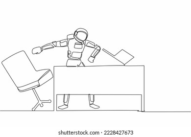 Single one line drawing of frustrated young astronaut angry and throwing laptop from working desk. Failed in spaceship company. Cosmic galaxy space. Continuous line graphic design vector illustration