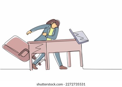 Single one line drawing frustrated and furious young businesswoman is angry and throwing laptop. Bad workplace emotions. Stress at work. Modern continuous line draw design graphic vector illustration
