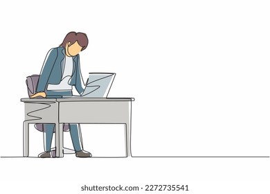 Single one line drawing frustrated and furious businesswoman shouting and screaming screen laptop on her working desk. Bad workspace emotions. Continuous line draw design graphic vector illustration