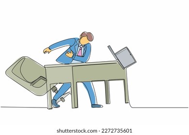 Un solo dibujo de una sola línea frustrado y furioso joven hombre de negocios está enfadado y lanzando una laptop. Las malas emociones laborales. El hombre que maneja el estrés en el trabajo. Ilustración vectorial de diseño de línea continua