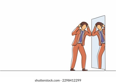 Single one line drawing frustrated businessman see himself failure in mirror. Mental health problems. Anxiety and lack of self confidence. Continuous line draw design graphic vector illustration