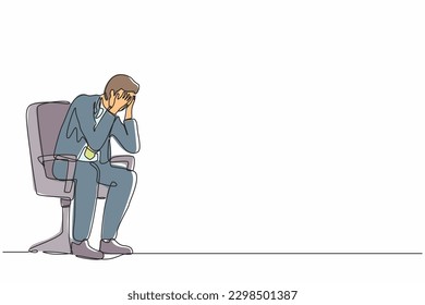 Einzelne Linie zeichnen frustrierten Geschäftsmann hält seinen Kopf allein auf dem Stuhl sitzend. Bedauern Sie sich über Geschäftsfehler, Frustration, Depression, Dummheit, Dummheit. Design-Vektorgrafik mit kontinuierlicher Linienzeichnung