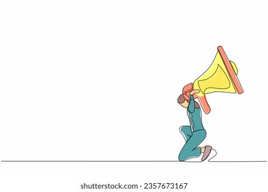 Single one line drawing frustrated businesswoman carrying megaphone on her back. Conflict and trouble in communication. Bullying, harassment at work. Continuous line design graphic vector illustration