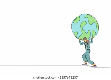 Single one line drawing of frustrated businesswoman carrying globe on her back. Industrial pollution, natural resources, earth exploitation. Economic crisis. Continuous line design vector illustration