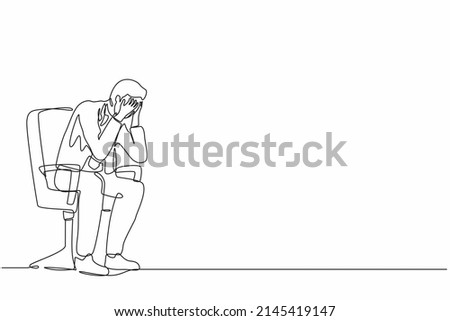 Single one line drawing frustrated businessman holding his head sitting alone on the chair. Regret on business mistake, frustration, depressed, stupidity, foolish. Continuous line draw design vector
