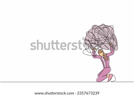 Single one line drawing frustrated businesswoman carrying heavy messy line on her back. Anxiety from work difficulty, overload, economic crisis problem. Continuous line draw design vector illustration