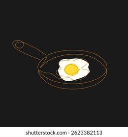 Single one line drawing of frying pan with fried egg on black background. Food cooking concept. White outline
