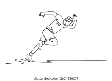 Single one line drawing full length shot of male athlete running on an outdoor track. Gaining some serious speed. Healthy and active lifestyle. Continuous line draw design graphic vector illustration