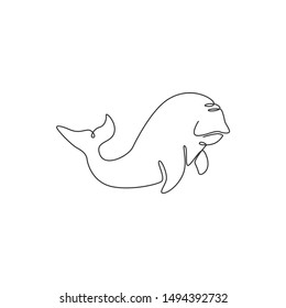 Single one line drawing of funny dugong for nautical logo identity. Sea pig or sea  camel mascot concept for aquatic show icon. Modern continuous line draw design graphic vector illustration