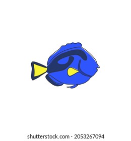 Single one line drawing of funny blue tang fish for aquatic company logo identity. Beauty surgeonfish mascot concept for aquarium show icon. Modern continuous line draw design vector illustration