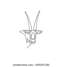 Single one line drawing of gallant oryx head for company logo identity. Gazelle mammal animal mascot concept for national zoo icon. Modern continuous line draw design graphic vector illustration