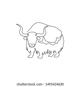 Single one line drawing of gallant yak for company logo identity. Livestock ox mammal mascot concept for national zoo icon. Modern continuous line draw design graphic vector illustration