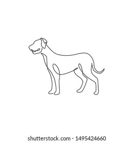 Single one line drawing of gallant great dane dog for security company logo identity. Purebred dog mascot concept for pedigree friendly pet icon. Modern continuous line draw design vector illustration