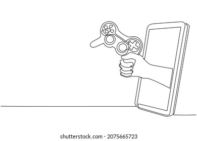 Single one line drawing gamer hand holds joystick through mobile phone. Smartphone with video game console app. Mobile sports games stream championship. Continuous line draw design vector illustration