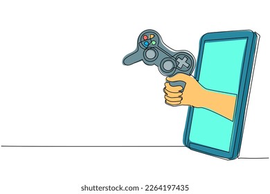 Single one line drawing gamer hand holds joystick through mobile phone. Smartphone with video game console app. Mobile sports games stream championship. Continuous line draw design vector illustration