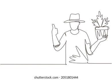 Single one line drawing gardener grows flowerpot. Season for planting. Work in garden. Man in work gloves with thumbs gesture. Farmers doing job, agricultural hobby. Continuous line draw design vector
