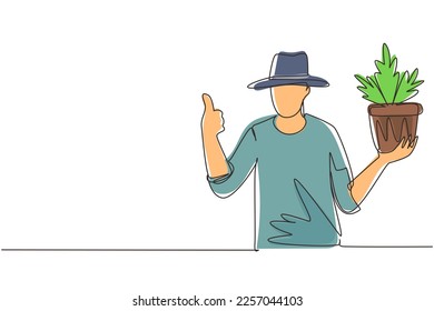 Un jardinero de dibujo de una sola línea cultiva una olla de flores. Temporada de siembra. Trabajar en el jardín. Hombre en guantes de trabajo con gesto de pulgares. Agricultores haciendo trabajo, hobby agrícola. Vector de diseño de traza de línea continua